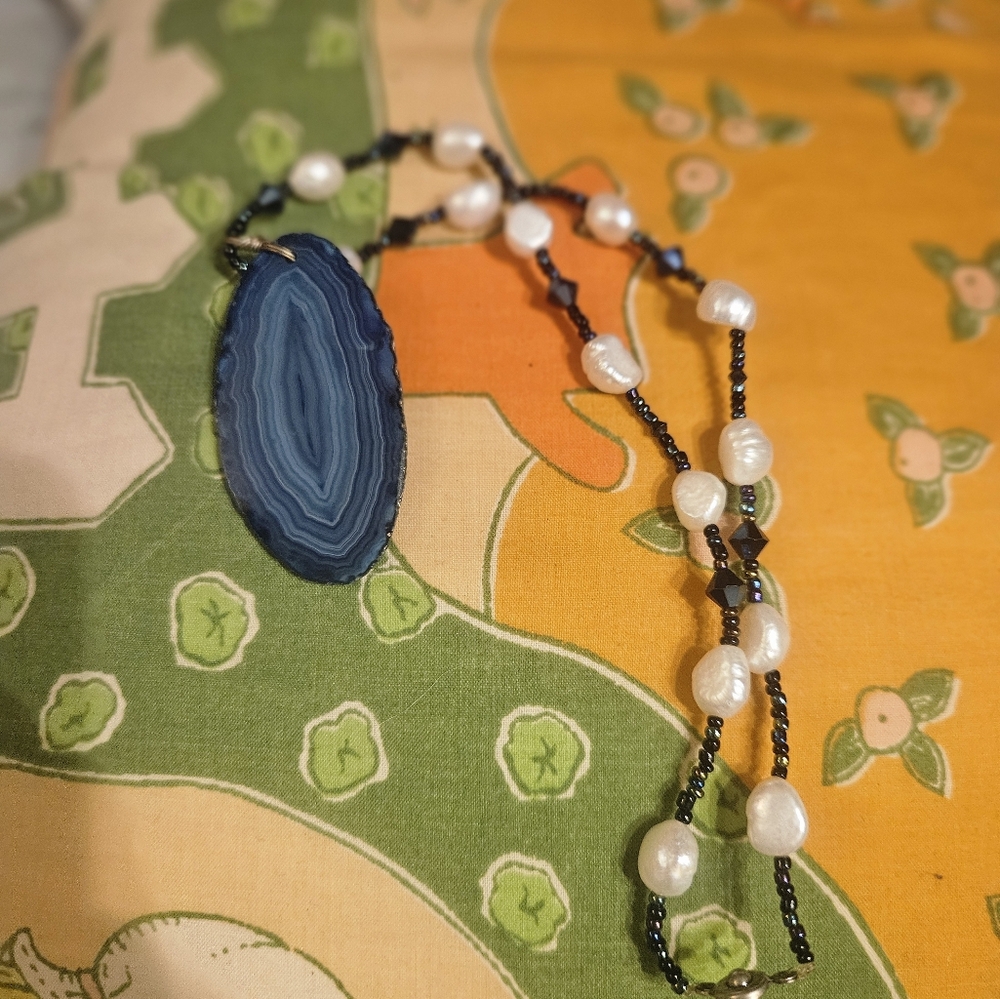 Blue Agate Geode and Pearl Necklace